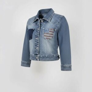 Vintage Y2K AZZURE Womens Denim Jacket American Flag Rhinestone Blue Jean Size S